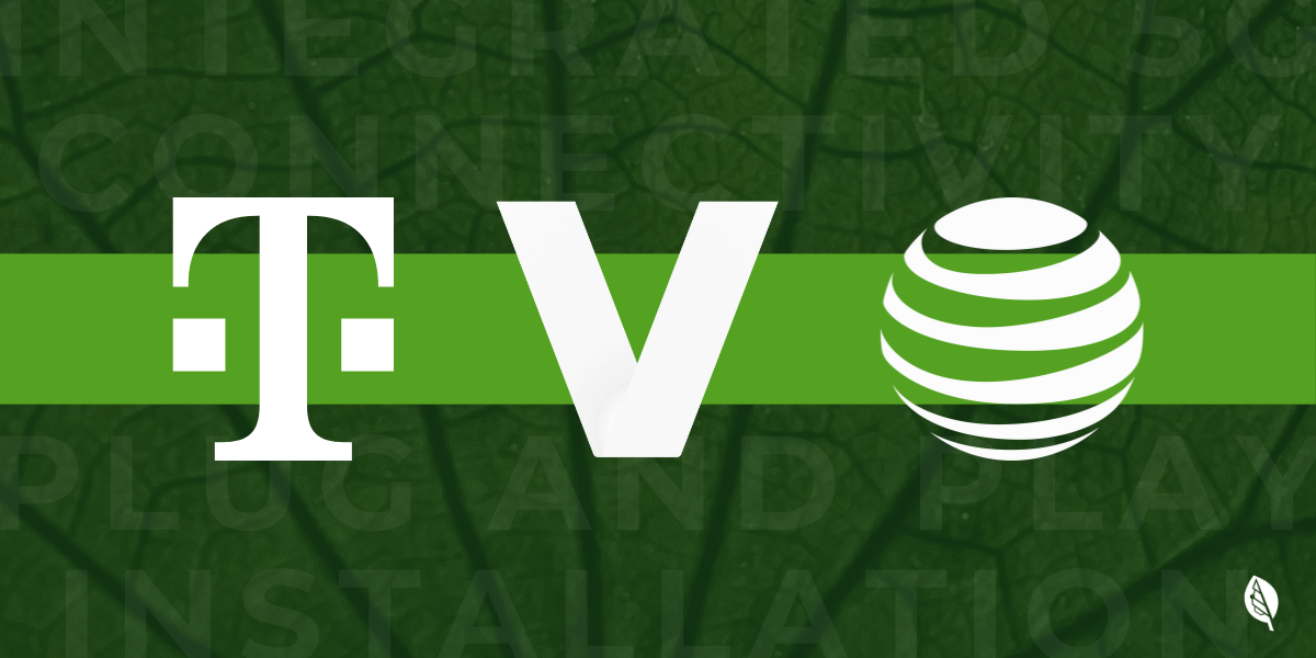 Logos of T-Mobile and AT&T separated by a bold white 'V', representing wireless carrier flexibility. Background features subtle tech-related terms and a green leaf texture, aligning with Bigleaf’s brand.